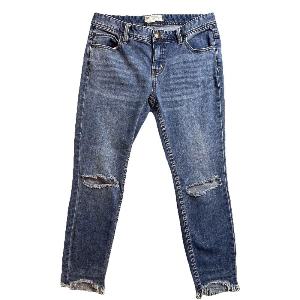 Free People Womens 28 Jeans Skinny Distressed Blue Raw Hem Stretch Denim EUC